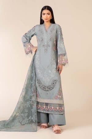 3 Pcs Luxury Pret Blue Embroidered Dobby Lawn Suit MBDW-EA2516BL