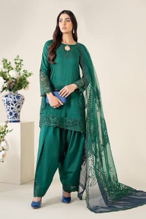 3 Pcs Luxury Pret Emerald Green Embroidered Dobby Lawn Suit MBDW-EA2567GR