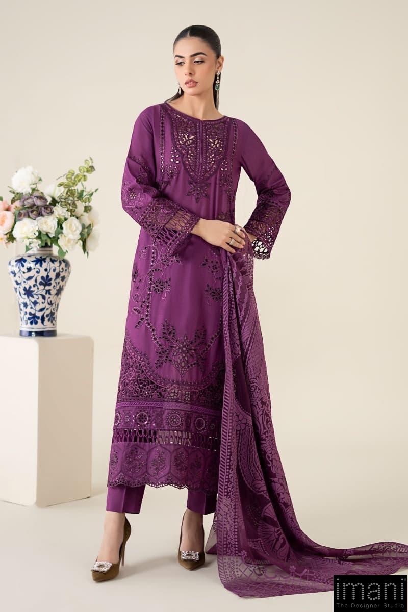 strapless open back dress Embroidered Lawn Lilac Stitched Suit
