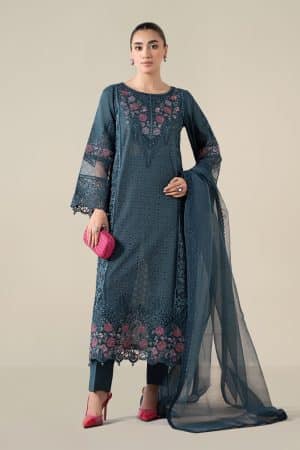 3 Pcs Luxury Pret Teal Embroidered Cotton Lawn Suit MBDW-EA2508TL