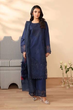 3 Pcs Luxury Pret Navy Blue Embroidered Dobby Lawn Suit MBDW-PF2507NB