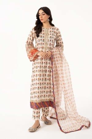 3 Pcs Luxury Pret Off-White Printed Cotton Lawn Suit Mbdw-Ea2261Ow