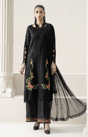 3 Pcs Luxury Pret Black Embroidered Cotton Lawn Suit MBDS-EL2501BL