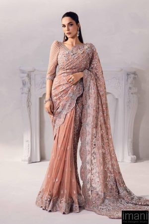 Couture Wedding Wear Solana Peachy Pink Pure Net Saree Mbmc-1011Pp 11 Mc 1011A Peach Imanistudio.com