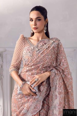 Couture Wedding Wear Solana Peachy Pink Pure Net Saree Mbmc-1011Pp 13 Mc 1011A Peacha Imanistudio.com