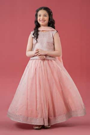 MariaB Kids Baby Pink Embroidered Raw Silk/Organza Suit MBKS-EA2546LBP