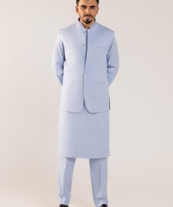 3Pcs Meraki Poly/Cotton Ice Blue Kameez/Pants & Waistcoat Suit: IMIST-2514IB