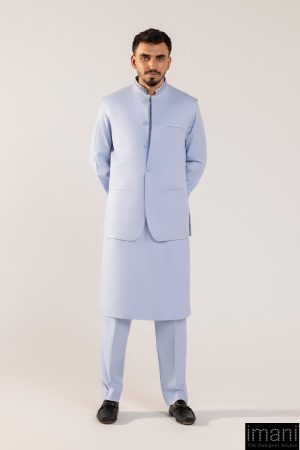3Pcs Meraki Poly/Cotton Ice Blue Kameez/Pants & Waistcoat Suit: IMIST-2514IB