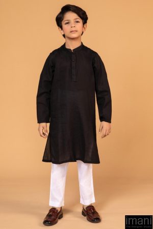 Boys Black 2pc Self Jacquard Kurta Trousers Suit IMIST-2501BW