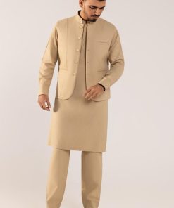 3 Pcs Winter Classic Karandi Beige Kameez/Pants & Waistcoat Outfit IMIST-2513BG
