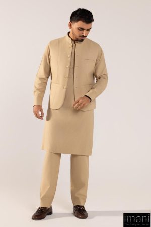 3 Pcs Winter Classic Karandi Beige Kameez/Pants & Waistcoat Outfit IMIST-2513BG