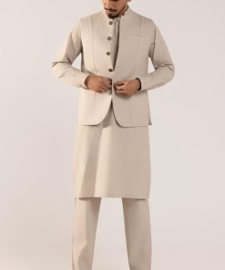 3Pcs Classic Karandi Ivory Concrete Kameez/Pants & Waistcoat Outfit IMIST-2512VC