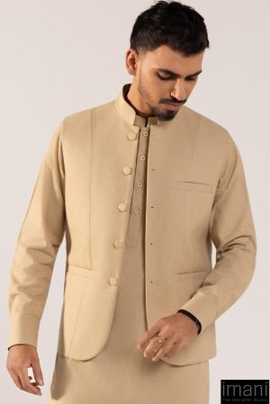 3 Pcs Classic Karandi Beige Kameez/Pants &Amp; Waistcoat Outfit Imist-2513Bg 13 Karandi2513Adesertd Imanistudio.com