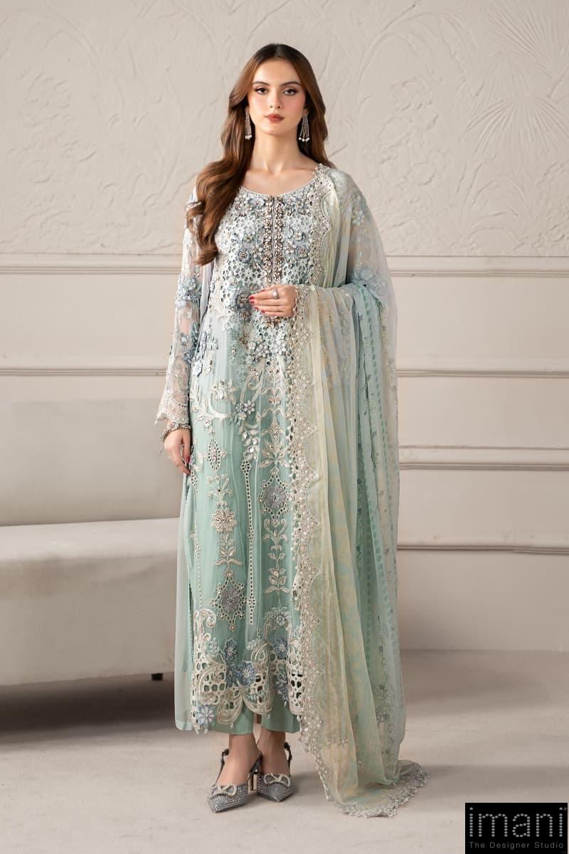 Luxury Formal Aqua Embroidered Chiffon Suit MBCS-W2508AQ