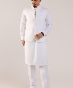 3Pcs Meraki Poly/Cotton Pearl White Kameez/Pants & Waistcoat Suit: IMIST-2516PW