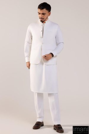 3Pcs Meraki Poly/Cotton Pearl White Kameez/Pants & Waistcoat Suit: IMIST-2516PW