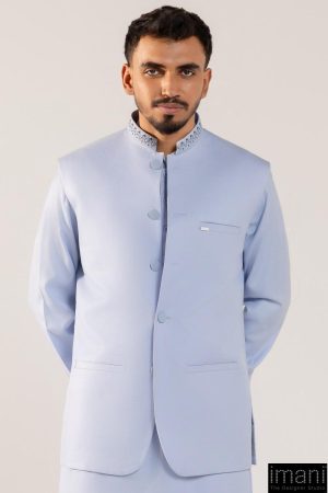 3Pcs Meraki Poly/Cotton Ice Blue Kameez/Pants &Amp; Waistcoat Suit: Imist-2514Ib 13 Meraki2514Bluef Imanistudio.com