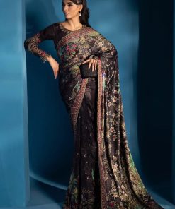 Luxury Formal Black Printed &Amp; Embroidered Satin Silk Saree Mbps-W2501Bs
