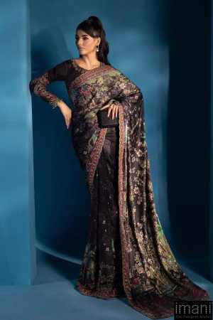 Luxury Formal Black Printed & Embroidered Satin Silk Saree MBPS-W2501BS