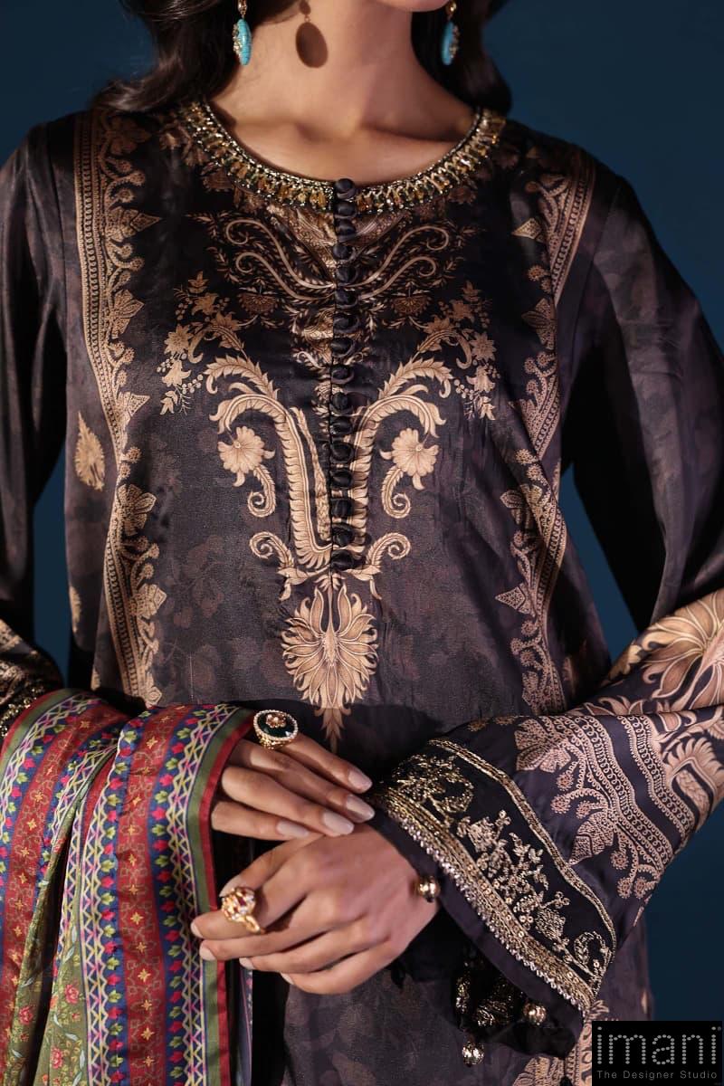 Luxury Formal Black Printed &Amp; Embroidered Satin Silk Suit Mbps-W2502Bp 4 Luxury Formal Black Printed &Amp; Embroidered Satin Silk Suit Mbps-W2502Bp - Image 4