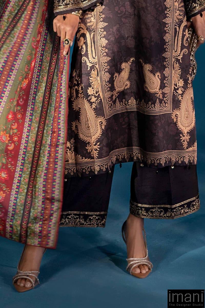 Luxury Formal Black Printed &Amp; Embroidered Satin Silk Suit Mbps-W2502Bp 8 Luxury Formal Black Printed &Amp; Embroidered Satin Silk Suit Mbps-W2502Bp - Image 8