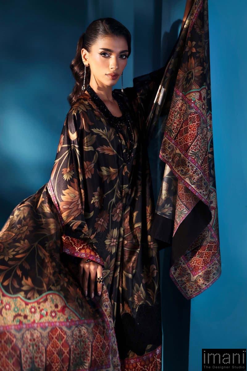 Luxury Formal Black Printed &Amp; Embroidered Satin Silk Kaftan Suit Mbps-W2507Bk 3 Luxury Formal Black Printed &Amp; Embroidered Satin Silk Kaftan Suit Mbps-W2507Bk - Image 3