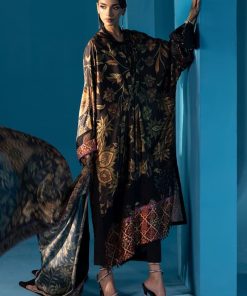 Luxury Formal Black Printed & Embroidered Satin Silk Kaftan Suit MBPS-W2507BK