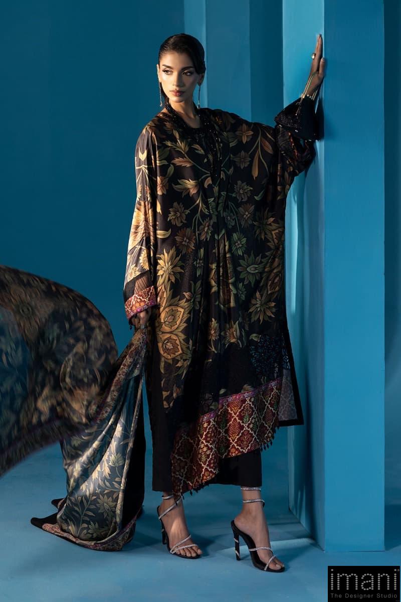 Luxury Formal Black Printed &Amp; Embroidered Satin Silk Kaftan Suit Mbps-W2507Bk 1 Luxury Formal Black Printed &Amp; Embroidered Satin Silk Kaftan Suit Mbps-W2507Bk