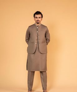 3Pcs Meraki Poly/Cotton Olive Kameez/Pants & Waistcoat Suit: IMIST-2517LV