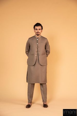 3Pcs Meraki Poly/Cotton Olive Kameez/Pants & Waistcoat Suit: IMIST-2517LV