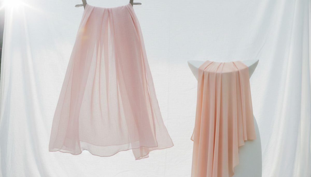 Fabric For Lehenga: Ultimate Guide To Choosing The Best Lehenga Fabric 3 Two Arrangements Of Blush Pink Chiffon Fabric Displayed Against A Bright White Backdrop One Piece Hanging From A Rail In A Flowing Skirt Silhouette, The Other Draped And Gathered Over A Rounded White Form.