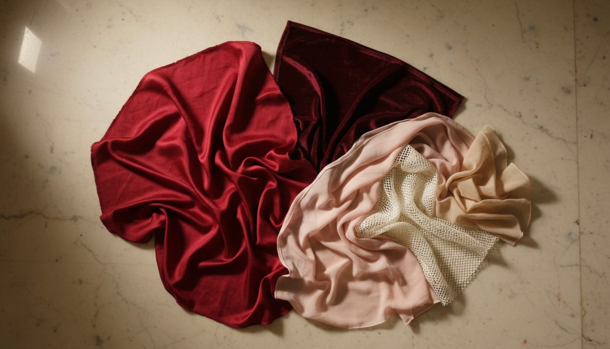 Fabric For Lehenga: Ultimate Guide To Choosing The Best Lehenga Fabric 2 Overhead View Of Draped Fabric Swatches Arranged On A Marble Surface, Including Deep Red Silk, Dark Maroon Velvet, Blush Pink Chiffon, And Champagne-Toned Mesh Fabric.