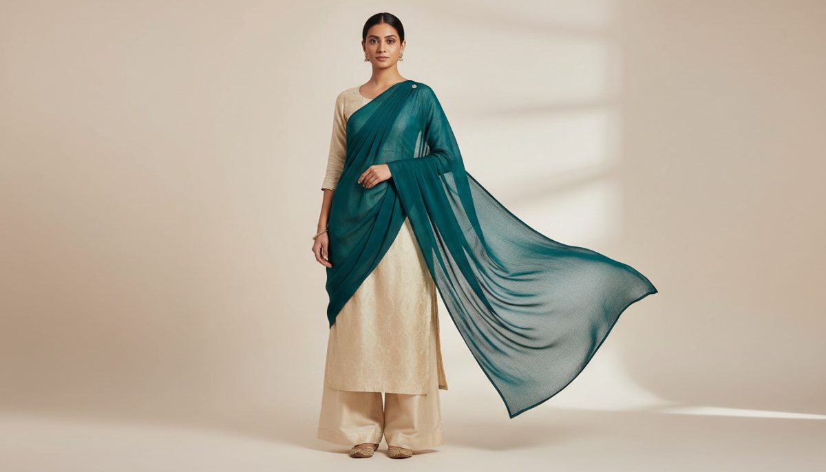 How To Wear A Dupatta (Complete Step-By-Step Guide) 10 Women Wearing Side Swept Flowing Dupatta Pose