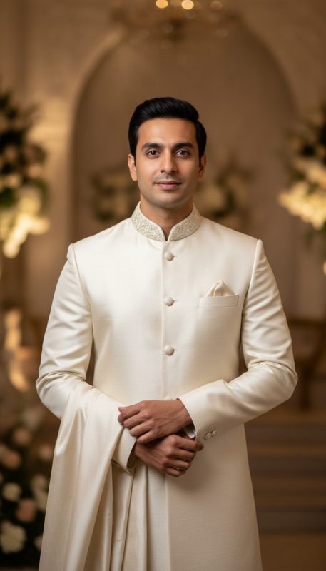 Why Choosing The Right Sherwani Fabric Matters 3 Groom In Cream Sherwani With Stole Imanistudio.com