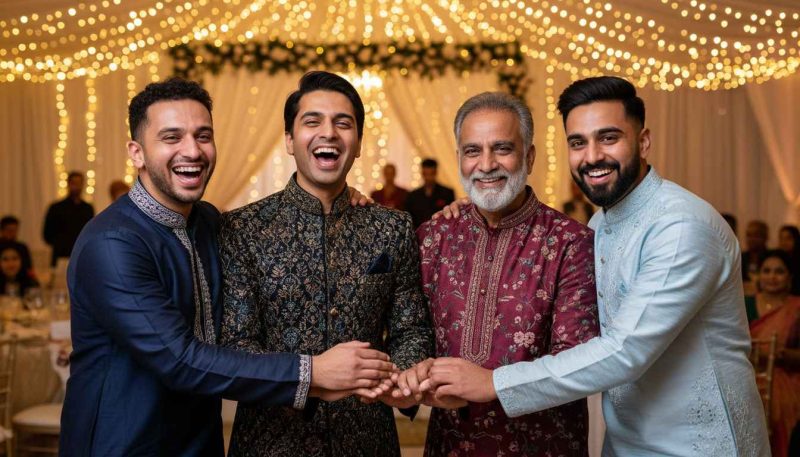 What Is A Sherwani? A Complete Guide To Traditional Men’s Outfit 5 Groom In Embroidered Sherwani With Friends At Wedding Celebration