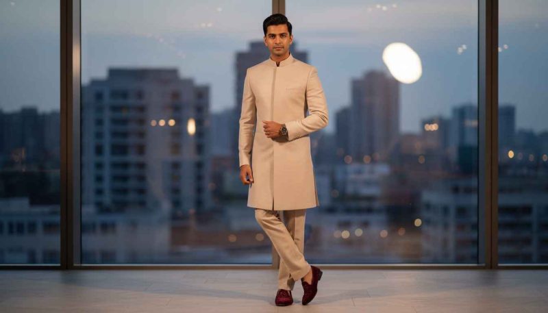 Footwear With Sherwani: Best Shoes For Traditional &Amp; Indo-Western Styles 2 Maroon Velvet Loafers With Beige Sherwani