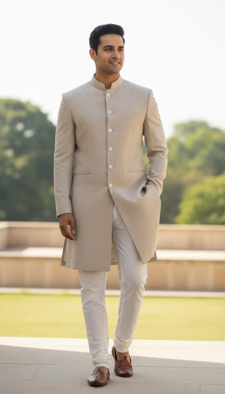 Why Choosing The Right Sherwani Fabric Matters 5 Men’s Beige Sherwani With White Churidar