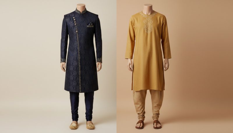 Sherwani Vs Kurta: Complete Guide To Men’s Traditional Wear 2 Navy Sherwani And Mustard Kurta Comparison