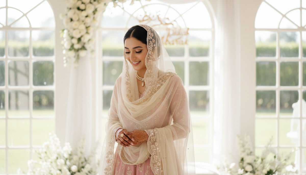 Bridal Dupatta Draping: A Complete Guide To Stunning Wedding Styles 4 Bride Wearing Pastel Bridal Lehenga With Sheer Embroidered Dupatta In Elegant Indoor Wedding Setting