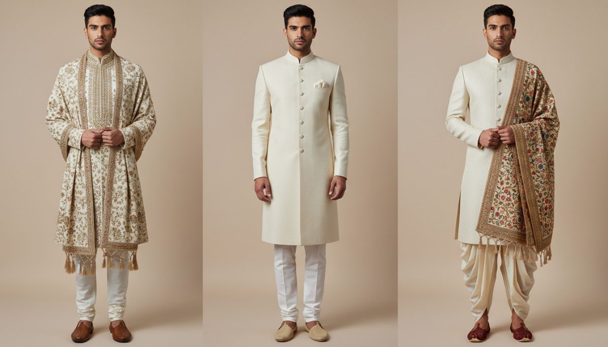How To Wear A Sherwani: Complete Style Guide For Weddings &Amp; Events 2 Sherwani Styles For Groom Wedding Outfits With Shawl And Churidar