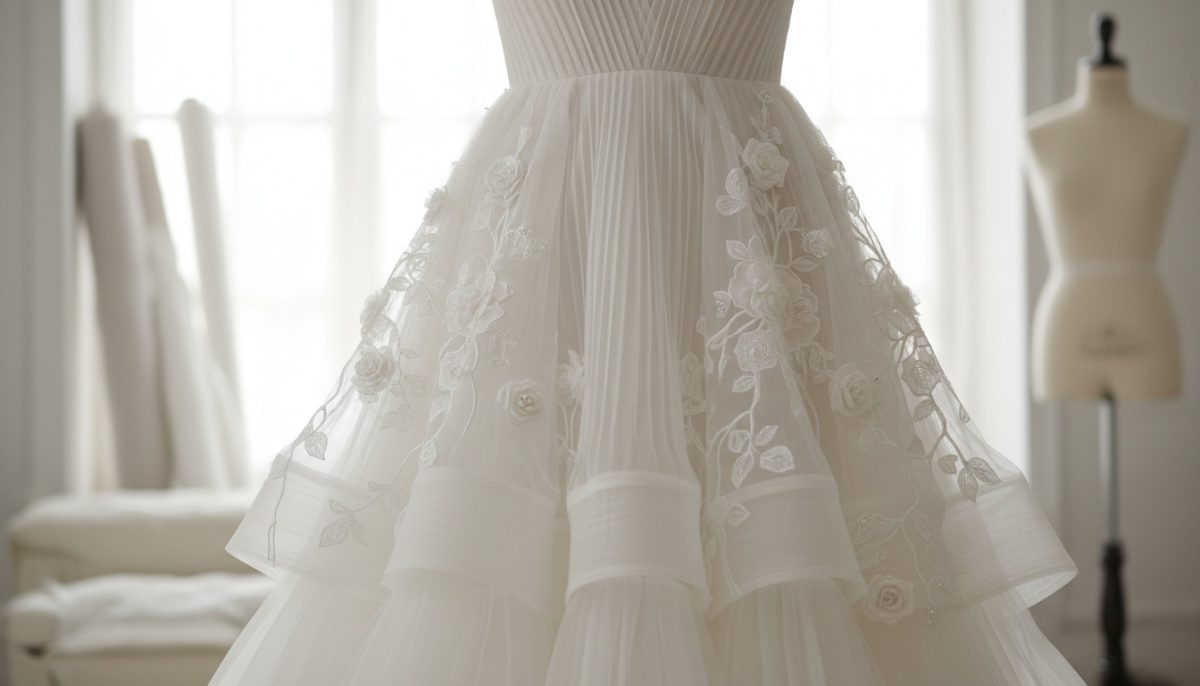 Fabric For Lehenga: Ultimate Guide To Choosing The Best Lehenga Fabric 4 Close-Up Of A White Bridal Gown Skirt On A Dress Form, Featuring Tiered Tulle Layers And Delicate Floral Rose Appliqués Trailing Along The Skirt, Photographed In A Softly Lit Atelier With A Mannequin Visible In The Background.