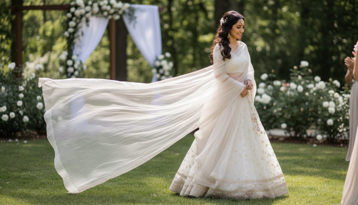 Bridal Dupatta Draping: A Complete Guide To Stunning Wedding Styles 5 White Bridal Lehenga Outdoor Wedding Imanistudio.com