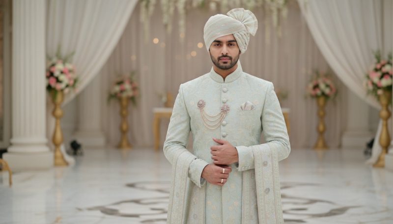 What Is A Sherwani? A Complete Guide To Traditional Men’s Outfit 3 Groom Wearing A White Sherwani At Heritage Place