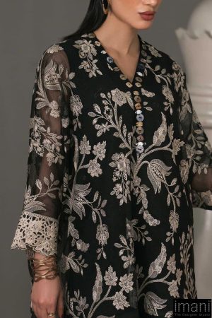 2 Pcs Luxury Pret Black Embroidered Cotton Net Suit Mbdw-Ef2611Bk 9 Dwef26118B Imanistudio.com