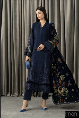 Luxury Pret Navy Blue Twill Linen Embroidered Suit MBWLS-1312NB