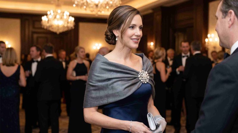 How To Wear A Shawl: 10 Stylish And Easy Ways To Drape It 5 Formal Shawl With Brooch