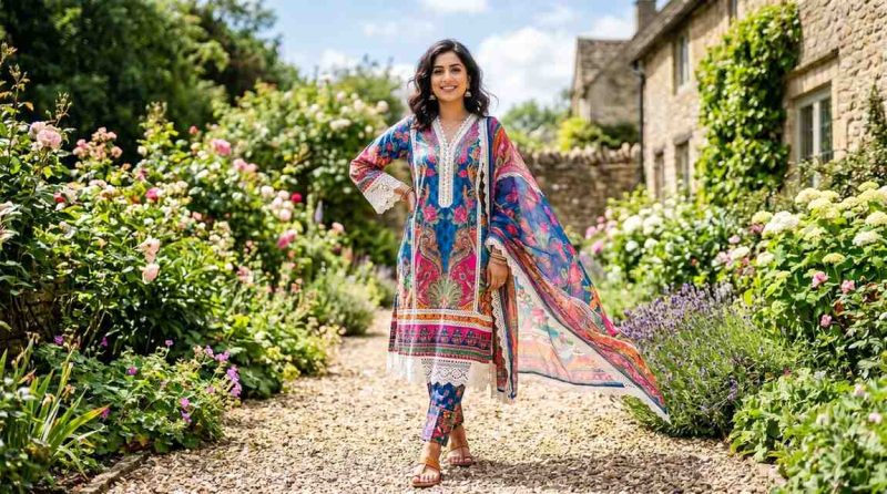 10 Best Pakistani Lawn Brands In The Uk 2 Women Wearing Vibrant Pakistani Lawn Dress