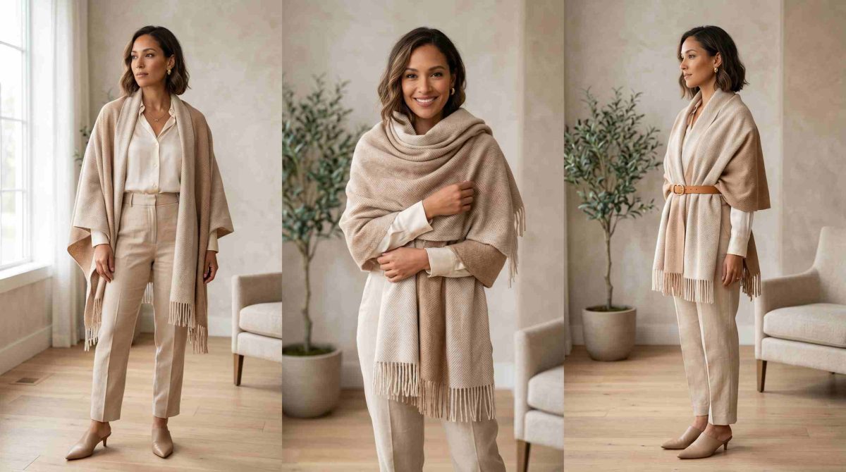 How To Wear A Shawl: 10 Stylish And Easy Ways To Drape It 8 Woman Wearing Shawl Multiple Ways