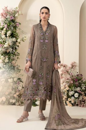 Luxury Formal Muted Mocha Brown Embroidered Chiffon Suit Mbcs-Ea2602Mm