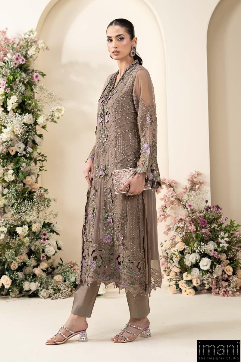 Luxury Formal Muted Mocha Brown Embroidered Chiffon Suit Mbcs-Ea2602Mm 2 Luxury Formal Muted Mocha Brown Embroidered Chiffon Suit Mbcs-Ea2602Mm - Image 2